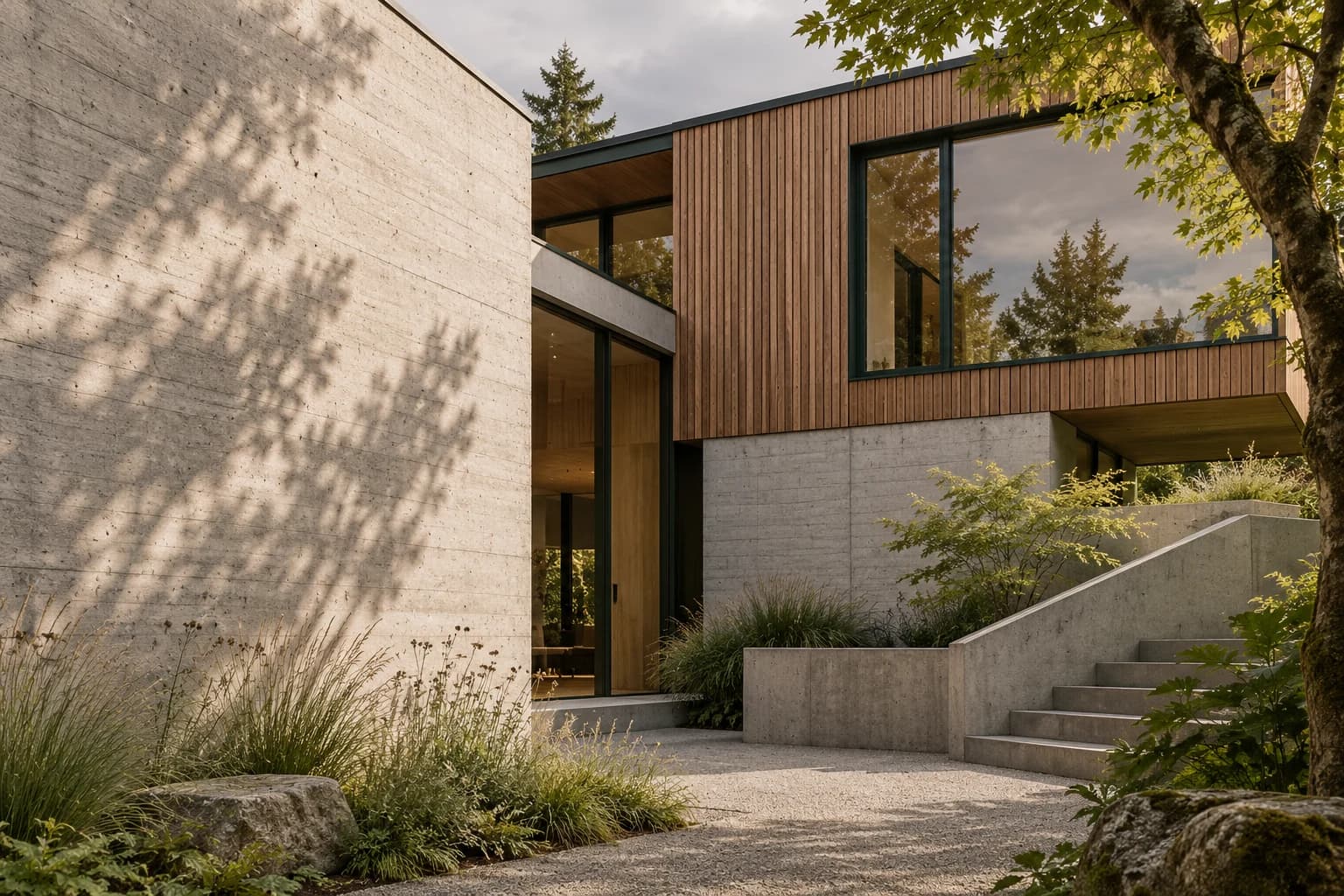 Illustrative architectural concept of a cedar and concrete home framed by a tree; not a client project.